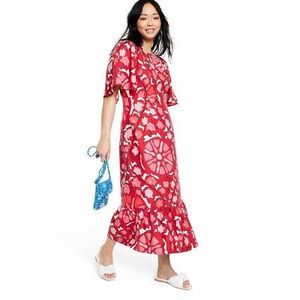 Women's Large Zinnia Floral Print Bell Sleeve Midi Dress - RHODE Red/Pink 8